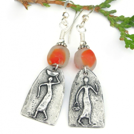 pewter folk art women handmade earrings recycled glass beads white orange