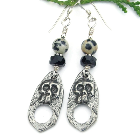 pewter goth skull earrings halloween day of the dead dalmatian jasper onyx