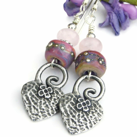 pewter hearts spirals flowers earrings lampwork beads rose quartz handmade