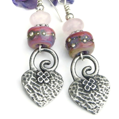 pewter hearts spirals flowers jewelry lampwork beads rose quartz handmade