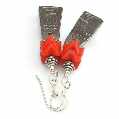 pewter hieroglyphs handmade jewelry red glass snake vertebrae