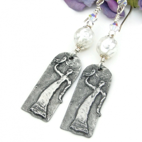 pewter lady woman moon handmade earrings glass baroque pearls swarovski crystals
