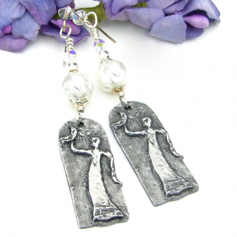pewter lady woman moon handmade jewelry glass baroque pearls swarovski crystals