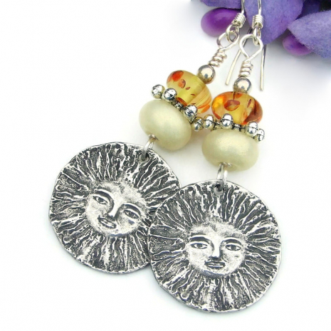 pewter sun face earrings handmade yellow lampwork amber