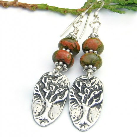 pewter tree of life earrings yggdrasil handmade gemstones