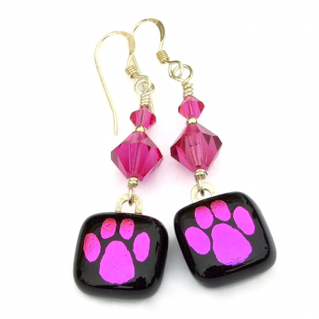 pink black dichroic paw print earrings gift for women