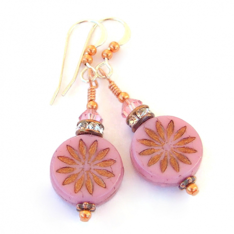 pink bronze flower earrings handmade gift for women