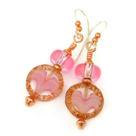 pink brown czech glass earrings gift for her
