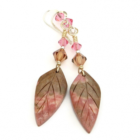 pink brown rhodonite leaf earrings handmade gift for women
