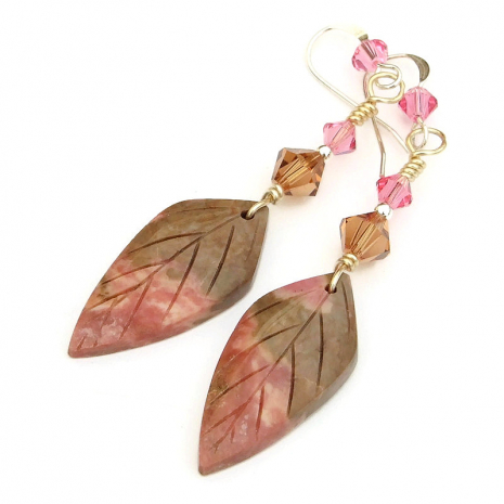 pink brown rhodonite leaf jewelry handmade gift for women