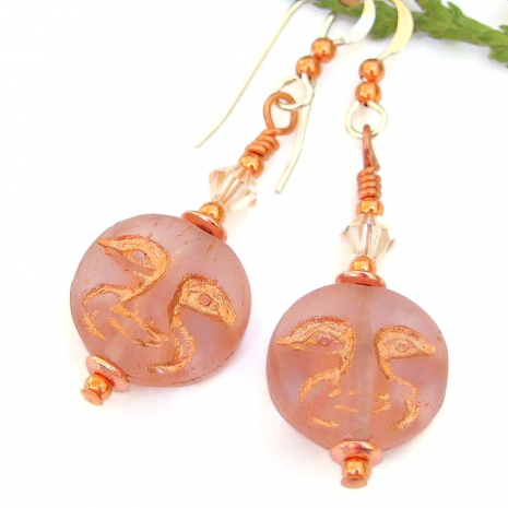 pink copper man in the moon earrings handmade swarovski crystals