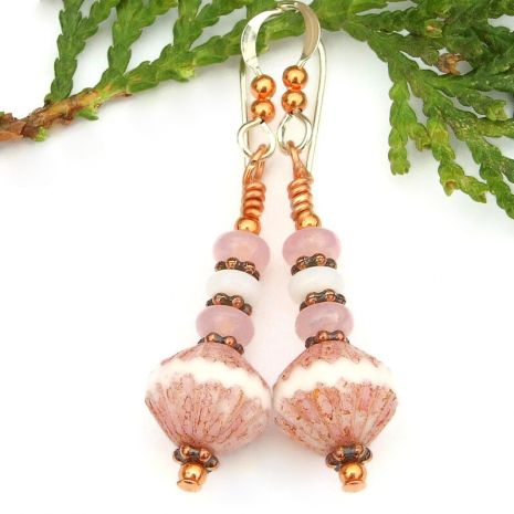 pink earrings white copper handmade