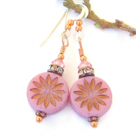 pink flower aster handmade earrings crystals