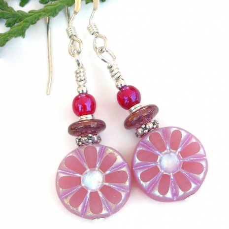 pink flower daisy handmade earrings silver purple red glass