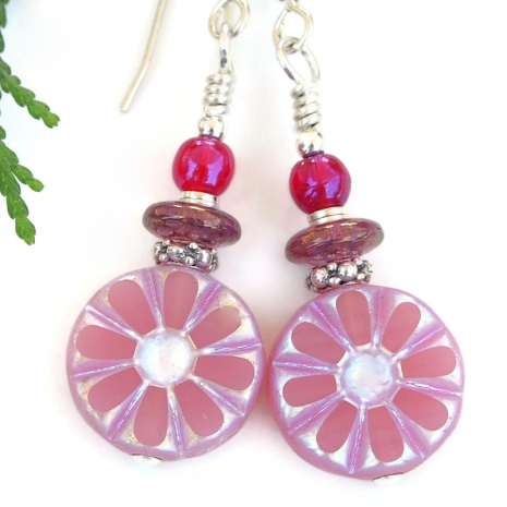 pink flower daisy handmade jewelry silver purple red glass
