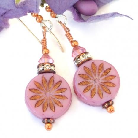 pink flower handmade earrings czech swarovski crystals