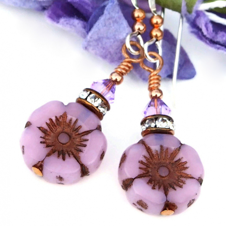 A metallic copper Picasso finish brings out the exquisite detail of the recessed areas of the two-sided flower beads. pink flower jewelry mothers day gift