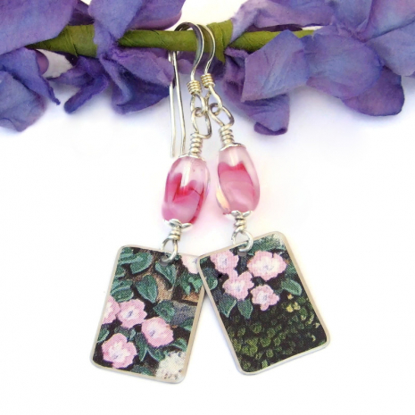 pink flowers greenery earrings gift for her