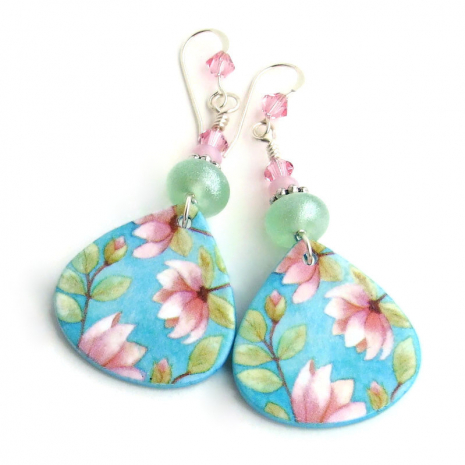 pink flowers magnolias earrings handmade floral gift for women