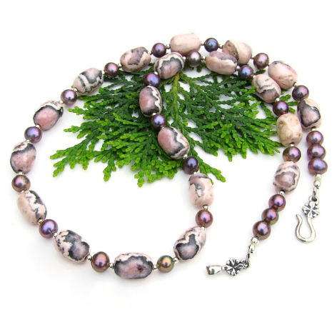 pink gray rhodochrosite peacock pearl jewelry handmade gemstones sterling