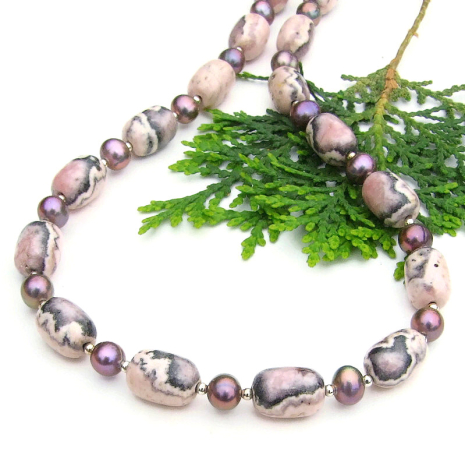 pink gray rhodochrosite peacock pearl necklace handmade gemstones sterling