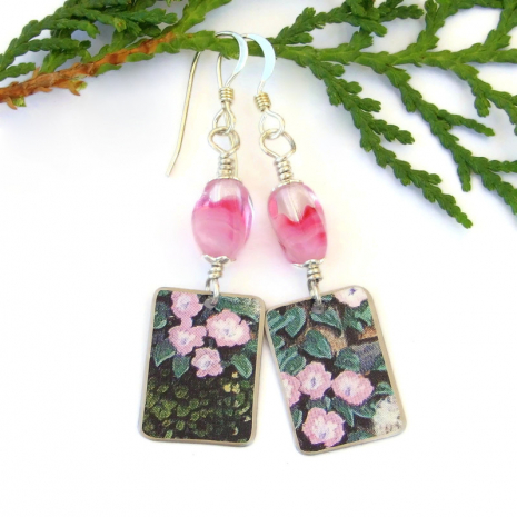 pink green floral flower earrings