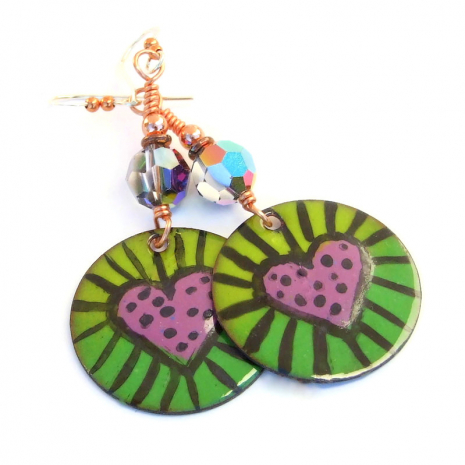 pink green heart boho earrings handmade valentines gift for her