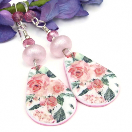 pink green roses earrings flower jewelry handmade gift for her