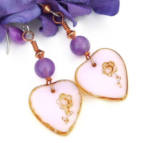 pink hearts flowers amethyst earrings valentines day