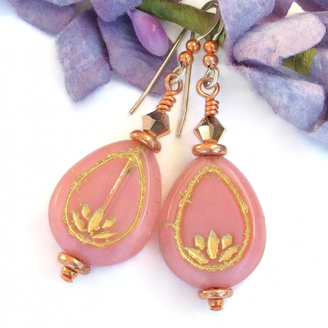 pink lotus rose gold Swarovski crystal yoga jewelry handmade earrings
