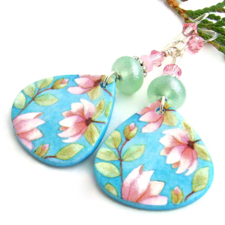 pink magnolia flowers floral earrings handmade lightweight jewelry