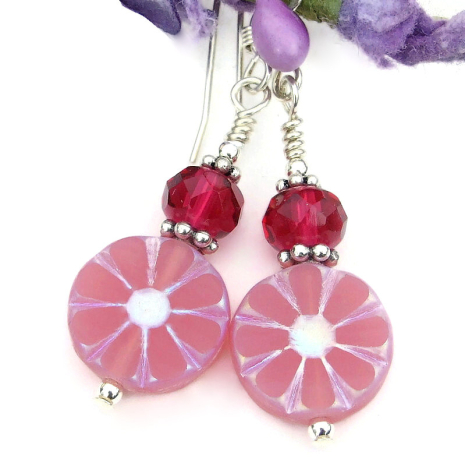 pink opaline flowers earrings daisy floral handmade raspberry red