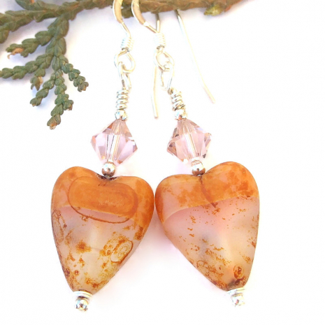 pink orange heart mothers day earrings handmade gift swarovski crystals