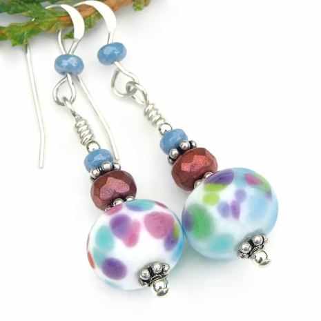 pink purple blue white spotted lampwork earrings handmade czech glass