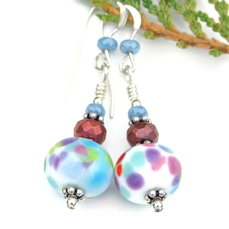 pink purple blue white spotted lampwork jewelry handmade czech glass