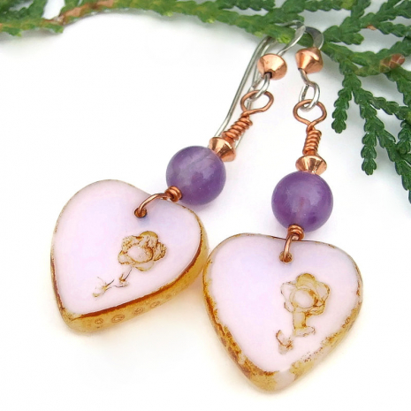 pink purple hearts flowers earrings valentines day jewelry