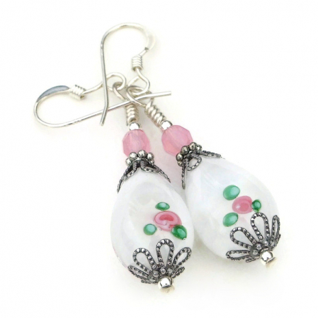 pink rose flower earrings handmade floral gift for women