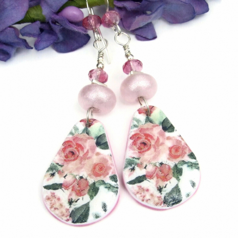 pink roses earrings flowers lampwork handmade jewelry gift