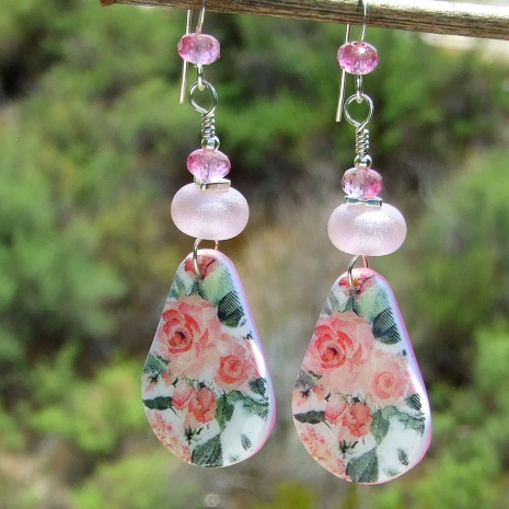pink roses earrings handmade gift for women