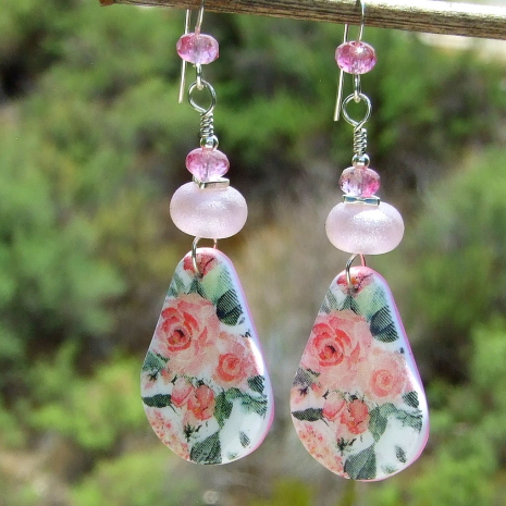 pink roses earrings handmade Valentines gift for women