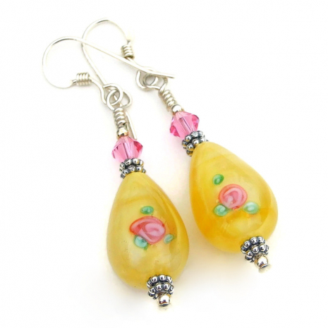pink roses flowers yellow teardrop handmade earrings gift for her