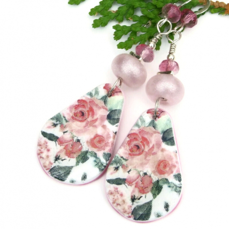 pink roses polymer clay earrings lightweight handmade flower jewelry