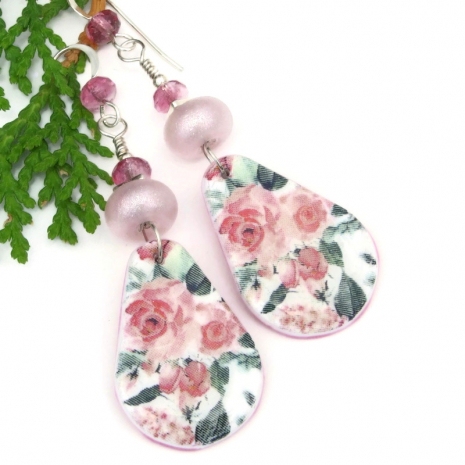 pink roses polymer clay handmade jewelry lightweight flower earrings