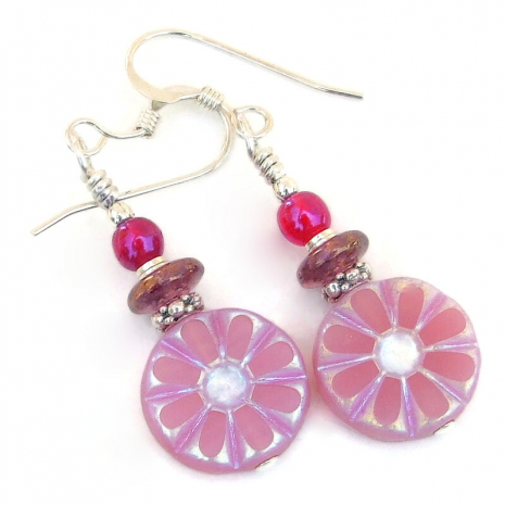 pink silver daisy flower earrings handmade gift for her
