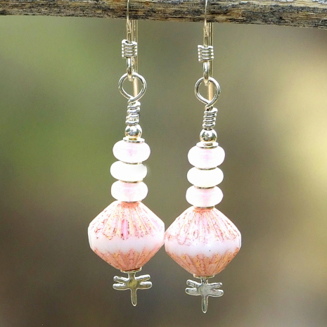 pink white dragonfly earrings handmade gift for women