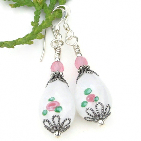 pink white green rose flower earrings vintage glass teardrops handmade