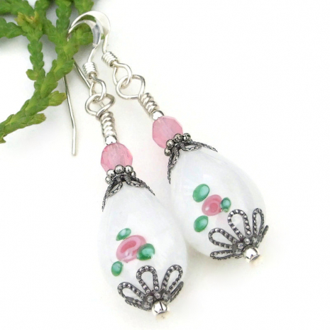 pink white green rose flower jewelry vintage glass teardrops handmade