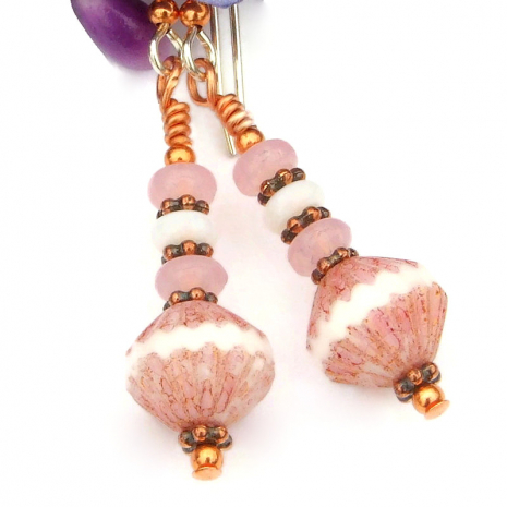 pink white handmade bicone earrings copper sterling silver