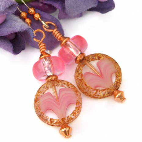 pink wings waves brown Czech glass earrings handmade