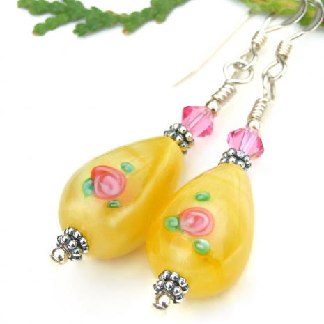 pink yellow rose flower earrings vintage glass teardrops handmade swarovski